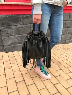 Black leather backpack with fringe tassel, women laptop rucksack, boho shoulder bucket bag, fashion Trendy Leather Tote Backpack, Chic Travel Bucket Bag With Fringe, Trendy Fringe Shoulder Bag For Travel, Trendy Travel Bags With Tassels, Trendy Tassel Travel Bags, Casual Festival Bags With Fringe, Trendy Leather Shoulder Bag With Tassels, Trendy Fringed Hobo Bag For Travel, Trendy Fringe Hobo Bag For Travel