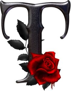 the letter f is decorated with a red rose and two black leaves on it's side