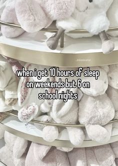 a stack of stuffed animals with the words when i get 10 hours of sleep on weekend but 6 on school nights