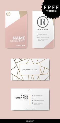 three different business cards with gold and white lines on the front, one is for a company