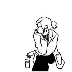 a black and white drawing of a woman talking on the phone while holding a cup