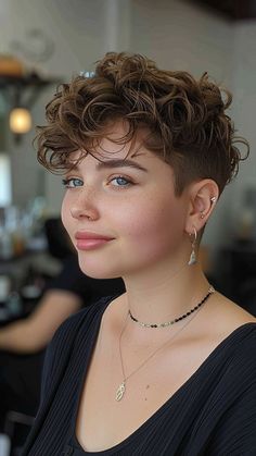 24 Curly Hairstyles That Shine on Round Faces Curly Pixie Long On Top, Pixie Haircut For Round Faces Curly, Short Pixie For Round Face, Curly Pixie For Round Face, Halle Berry Pixie Haircut, Short Curly Undercut Women, Short Pixie Haircuts Curly Hair, Short Curly Hairstyles Round Face, Short Curly Hair Fade