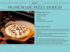 the recipe for homemade pizza dough is displayed in front of an oven with instructions on how to make it