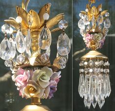 two pictures of a chandelier with flowers and leaves on the top one is gold