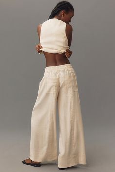 Linen, viscose, elastane Front slant pockets Back patch pockets Pull-on styling Machine wash Imported | Tie-Waist Wide-Leg Pants: Contrast-Stitch Edition by Maeve in White, Women's, Size: Largearge, Linen/Viscose/Elastane at Anthropologie Wide Leg White Pants, Linen Fashion, Wide Leg Linen Pants, Back Patch, Fashion Over 50, Estilo Boho, 50 Fashion, Linen Clothes, White Pants