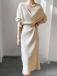 Cozy Surplice Neck Knitted Midi Dress - Soft, Elegant, Solid Color, Long Sleeve, Fall & Winter Essential - Women's Clothing for Chic Everyday Wear Socialite Style, Knitted Bodycon Dress, Womens Knit Dresses, Long Sleeve Knit Dress, Hip Dress, Knit Midi, Knit Midi Dress, Solid Dress, Womens Clothing Sizes