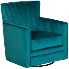 a blue velvet chair with black metal base