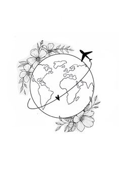 an airplane flying over the earth with flowers around it