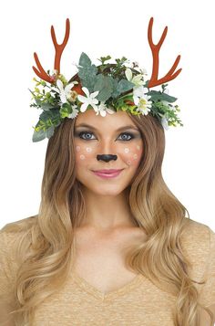 Deer Costume Makeup, Antler Flower, Deer Headband, Woodland Crown, Deer Makeup, Deer Costume, Headpiece Accessories, Horn Headband, Woodland Deer