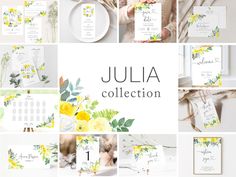 a collage of photos with yellow flowers and greenery on them, including the name julia collection