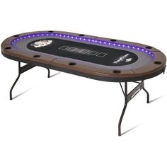 a black table with purple lights on it