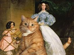 an orange cat standing on its hind legs in front of a painting of a woman