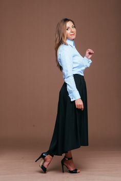 Chic Blue Semi-formal Blouse, Chic Blue Business Tops, Chic Blue Business Shirt, Elegant Blue Semi-formal Blouse, Chic Blue Formal Shirt, Elegant Blue Blouse For Work, Blue Blouse With Button Cuffs For Business Casual, Blue Business Casual Blouse With Button Cuffs, Elegant Blue Dress Shirt