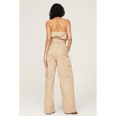 Brown cotton blend (71% Cotton, 29% Nylon). Jumpsuit. Sleeveless. Halterneck. Tie closure. See size and fit notes for length measurements. Imported. Fitted High Waist Cotton Strapless Jumpsuit, Fitted Strapless Sleeveless Jumpsuit With Pockets, Fitted Strapless Jumpsuit With Pockets, Summer Cotton Strapless Fitted Jumpsuit, Casual Cotton Strapless Fitted Jumpsuit, Fitted Cotton Tank Top With Pockets, Beige Cotton Tank Top For Work, Fitted Cotton Strapless Sleeveless Jumpsuit, Cotton Strapless Jumpsuit With Pockets For Spring