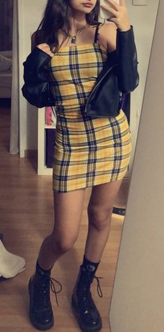 • • • tags #fashion #aesthetic #grunge #egirl #outfit #yellow #black Yellow Alternative Outfit, Yellow Gothic Outfit, Soft Egirl Aesthetic Outfits, Yellow And Black Outfit Aesthetic, Yellow Plaid Dress Outfit, Yellow Goth Outfit, Yellow Alt Outfit, Fire Aesthetic Outfit, Yellow Grunge Outfit