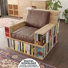 a couch made out of bookshelves in the middle of a living room area