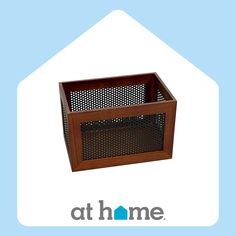 an image of a wooden box with mesh in the front and at home logo below it