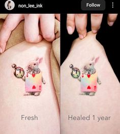 two pictures of people with tattoos on their stomachs, one has a rabbit and the other has a clock