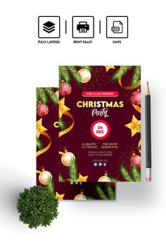 a christmas party flyer with ornaments on it and a pencil next to the front cover