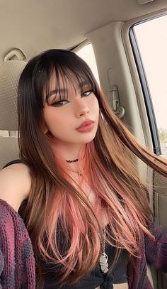 Pink Tips Black Hair, Pink And Brown Hair Straight, Colored Bayalage Hair, I Want To Dye My Hair, Black And Mint Hair, Duo Hair Color Ideas, Streak In Front Of Hair, Brown Hair Pink Underneath, Spilt Dye Hair Ideas