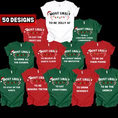 Christmas party themed shirts, Funny Christmas tee, Christmas group shirt.  -----How to order----- 1- Pick a size  2- Pick your color 3- Describe which design you'd like in the personalization box 4- Add to cart Bella + Canvas branded shirt Available in unisex adult sizes PRINTING METHOD This item is Direct-to-Garment printed, ensuring durability without cracking or peeling like vinyl. The ink becomes part of the fabric, rather than resting on its surface. CARE GUIDELINES To maintain the quality Funny Christmas Shirts Hilarious, Christmas Shirt Ideas Funny, Holiday Feud, Most Likely Christmas Shirts, Funny Family Christmas Shirts, Christmas Luau, Christmas Shirt Ideas, Xmas Games, 50 Quotes