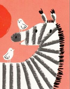 two zebras and one bird are standing in front of an orange background that has birds on it