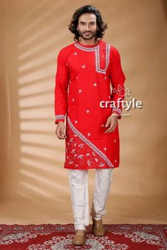 Presenting an exclusive Men's Kurta with hand embroidered kantha work. The unique multi-thread kantha embroidery design is entirely handcrafted on pure cotton panjabi by our skilled artisans. Fast express shipping all over the world. #PunjabiForMen #MensKurta #MenKurta #HandEmbroidery #KanthaEmbroidery #IndianKurta #KurtaPajama #SilkKurta #EmbroideredKurta #MensKurtaPanjabi #Sherwani #PartyWear #CottonKurta Traditional Wear For Festivals With Long Sleeve, Traditional Fit Traditional Wear With Dabka Work For Diwali, Ceremonial Cotton Sherwani With Cutdana, Red Straight Kurta For Traditional Ceremonies, Traditional Fit Cotton Sherwani With Cutdana, Red Traditional Wear Straight Kurta, Traditional Red Straight Kurta, Cotton Sherwani With Cutdana In Traditional Fit, Ceremonial Cotton Kurta With Traditional Drape