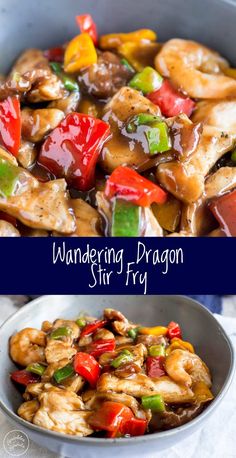 two pictures with different types of food in them and the words wandering dragon stir fry