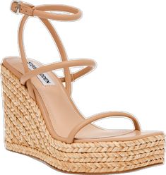 Chic Straw Wedge Sandals With Ankle Strap, Chic Brown Straw Wedge Sandals, Trendy Straw Wedge Sandals For Summer Outings, Chic Straw Platform Wedge Sandals, Chic Wedge Sandals With Ankle Strap For Summer Outings, Chic Ankle Strap Wedge Sandals For Summer Outings, Chic Wedge Heel Sandals For Summer Outings, Chic Natural Open Toe Wedge Sandals, Winter Neutral