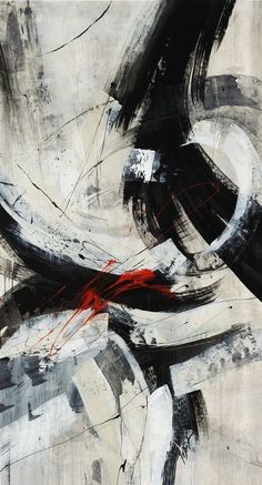 an abstract painting with black, white and red colors