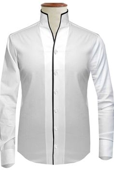 Formal White Shirt With Stand Collar, Elegant Formal Shirt With Stand Collar, White Formal Shirt With Stand Collar, Elegant Stand Collar Shirt For Formal Occasions, Classic White Shirt With Stand Collar, Classic Formal Tops With Stand Collar, Classic Semi-formal Top With Stand Collar, Classic White Wedding Tops, Classic White Wedding Top