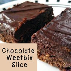 two pieces of chocolate cake on a plate with the words, chocolate weetbix slice