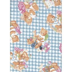 a blue and white checkered fabric with teddy bears on it