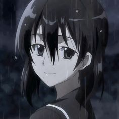 an anime character with black hair and dark eyes standing in the rain, staring at the camera