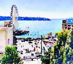 watercolor painting of people walking on the sidewalk by the ocean and ferris wheel in the distance