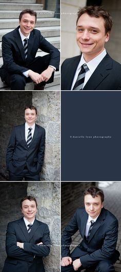 four different shots of a man in a suit and tie smiling at the camera with his arms crossed