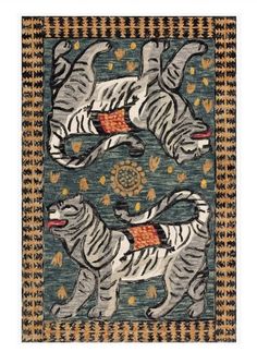 two white tiger rugs on a blue and black background with an orange, yellow, and green border