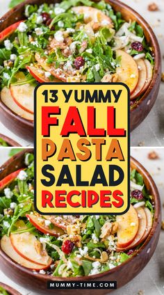 three different views of a salad with apples and spinach in it, including an orange sign