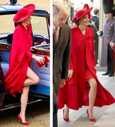 two pictures of people in red hats and dresses, one is getting out of a car