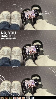 two pictures of someone's feet with headphones and cell phones attached to them