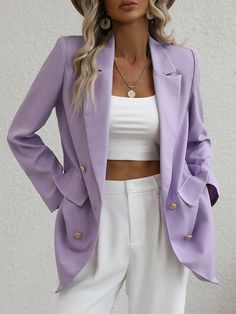 Lilac Purple Elegant Collar Long Sleeve Polyester Plain Regular Embellished Non-Stretch  Women Suits Purple Blazer Outfit, Unique Knitwear, Lilac Blazer, Adrette Outfits, Chique Outfit, Casual Chic Outfits, Outfit 2023, Women Blazers