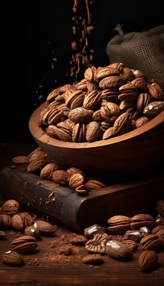 a wooden bowl filled with nuts on top of a table