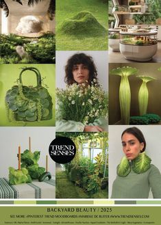 a collage of green and white photos with text that reads trend seeds backyard beauty / 2055