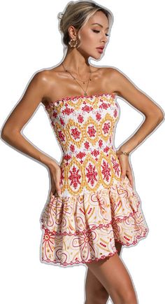 Bandeau Mini Dress With Smocked Back For Beach, Strapless Mini Dress With Smocked Back For Summer, Strapless Mini Dress With Smocked Bodice For Vacation, Strapless Summer Mini Dress With Smocked Back, Beach Strapless Mini Dress With Smocked Bodice, Strapless Mini Dress For Vacation, Summer Strapless Mini Dress, Flirty Strapless Sundress For Beach, Bandeau Sundress For Vacation