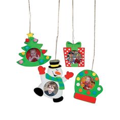 three christmas ornaments hanging from strings with two pictures on one ornament and the other as an ornament