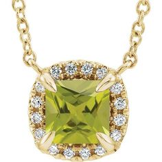 14KT Gold .40 CT Princess Cut Peridot and .06 CTW Round Brilliant Diamond Cushion Halo Necklace. 16" or 18" Cable Link Chain With Spring Ring Clasp. Cushion Halo, Yellow Gold Solitaire, Halo Necklace, Peridot Stone, Peridot Gemstone, Diamond Charm, August Birth Stone, Fine Jewellery Necklace, Diamond Halo