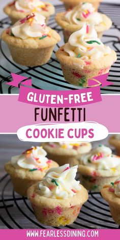 gluten - free funfetti cookie cups with white frosting and sprinkles