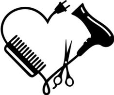 a pair of scissors and a comb in the shape of a heart with hair clippings