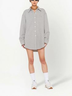 Miu Miu logo-embroidered Oversized Cotton Shirt - Farfetch Oversized Long Sleeve Shirt In Gray, Miu Miu Casual Tops For Workwear, Oversized Gray Collared Shirt, Oversized Gray Long Sleeve Shirt, Miu Miu Button Up, Miu Miu T Shirt, Miu Miu Collared Tops For Workwear, Miu Miu Collared Tops For Work, Casual Collared Tops By Miu Miu