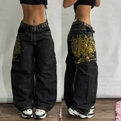 Aonga Streetwear Retro Fashion New Oversized Printed Baggy Jeans Women Y2K Harajuku Leisure Gothic High Waist Wide-leg Pants Trousers Size Waist Hip Length slack bottom S 78cm(30.75") 108cm(42.5") 104cm(41") 50cm(19.75") M 80cm(31.5") 110cm(43.25") 105cm(41.25") 52cm(20.5") L 84cm(33") 114cm(45") 106cm(41.75") 53cm(21") XL 88cm(34.75") 118cm(46.5") 107cm(42.25") 54cm(21.25") sometimes has some errors, but always within 3cm." Please note 1 cm = 0.39 inch,1 inch = 2.54 cm. Please feel free to cont Graphic Baggy Jeans, Laundry Shoot, Y2k Baggy Jeans, Y2k Harajuku, Streetwear Inspo, High Waisted Wide Leg Pants, Denim Decor, Shopping Clothes, Streetwear Jeans